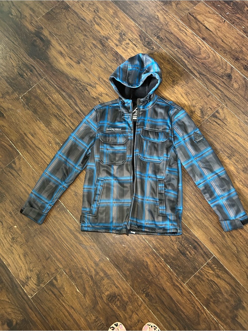 ZeroXposur Blue and Gray Plaid Ski Jacket with Hood